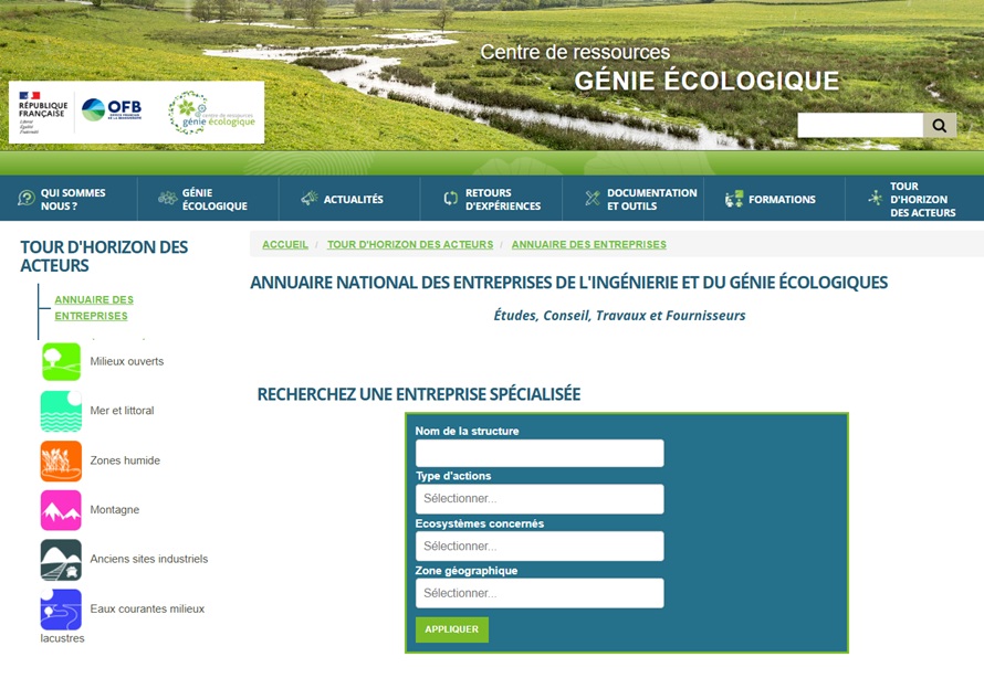 Page d'accueil de l'annuaire des entreprises du Centre de ressource Génie écologique de l'OFB
